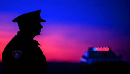 Police Protection Silhouette at Dusk, Law Enforcement Duty, Blurring Lights, Justice in Actionの素材