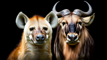 Majestic Dominant Male Wildebeest in Stunning Profile with Laughing Hyena on Black Backgroundの素材