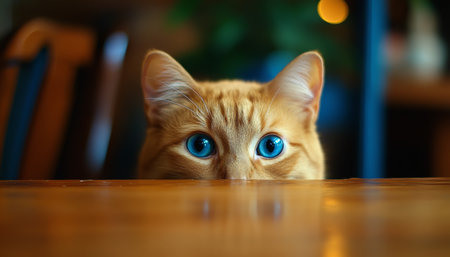 Playful Orange Tabby Cat on Table, Captivating Viewers with Its Curious Gaze and Charming Presenceの素材