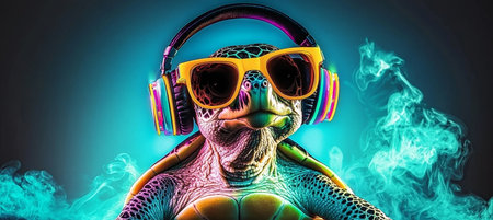 A Cool Turtle in Sunglasses Enjoys Music Through Headphones in a Vibrant Neon Landscape Sceneの素材