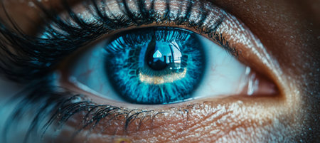 Dramatic Close-Up of an Eye with Digital Light Reflection, Showcasing Intensity and Emotive Powerの素材
