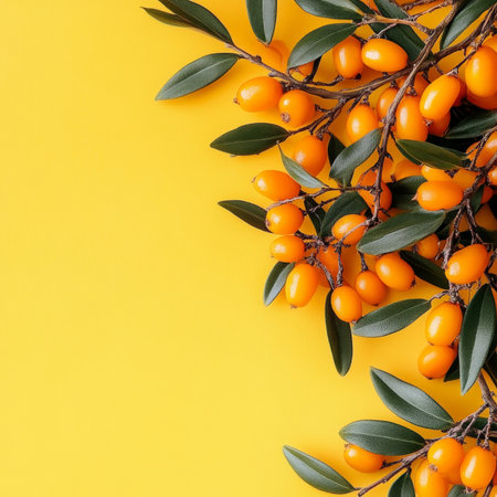 Vibrant Sea Buckthorn Berries on Branches, Nature s Golden Treasure Packed with Nutrientsの素材