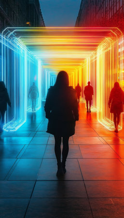 People Walking Through a Neon Corridor, Representing Business Transformation and Innovationの素材