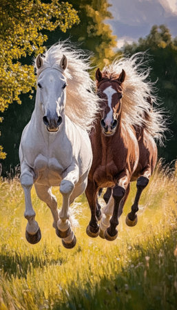 A Pair of Majestic Horses Galloping Freely Across a Sunny Field with Flowing Manes and Dust Cloudsの素材