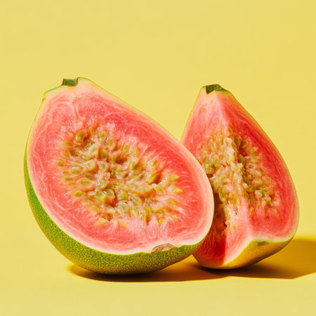 Vibrant Pink Guava Halves on a Rustic Wooden Table, Showcasing Their Unique Textures and Colorsの素材