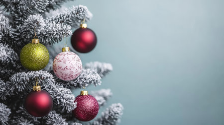 Festive Flocked Christmas Tree Branch Adorned with Colorful Ornaments for a Magical Holiday Sceneの素材
