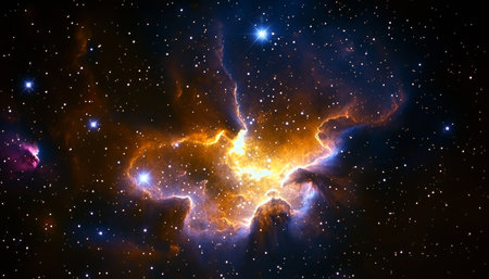 A Stunning Cosmic Firestorm A Vibrant Nebula Bursting with Colorful Gas and Glowing Stars in Spaceの素材