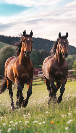 Two Majestic Bay Horses Running Freely in a Green Meadow Bathed in Sunlight, Symbolizing Freedomの素材