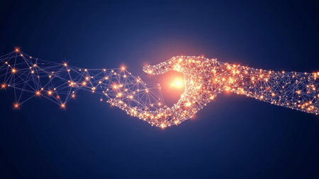 Futuristic Digital Handshake Between Human and AI, Symbolizing Connection and Innovationの素材