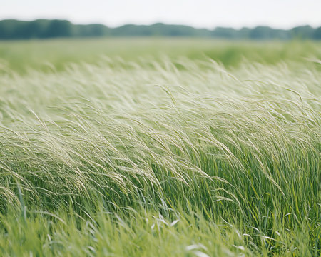 Serene Sun-Kissed Wheat Field Under a Clear Blue Sky, Capturing the Beauty of Rural Tranquilityの素材