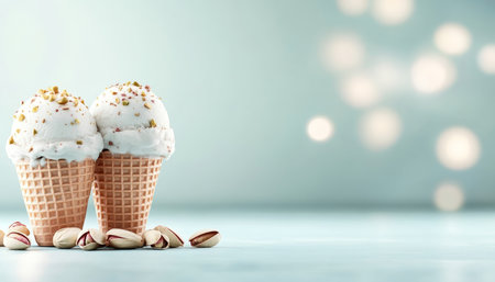 Refreshing Summer Concept Two Delicious Pistachio Ice Cream Cones on a Mint Green Table Outdoorsの素材