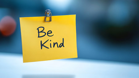 Bright Yellow Sticky Note with an Inspirational Message to Be Kind and Share Positivity Every Day.の素材