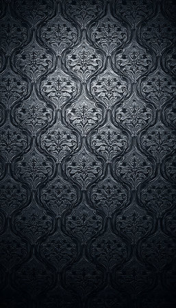 Elegant Striking Black and Charcoal Floral Motif Wall Covering with Vintage Design Elementsの素材