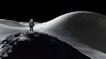 An Astronaut Exploring the Dramatic Lunar Terrain, Capturing the Essence of Space Explorationの素材