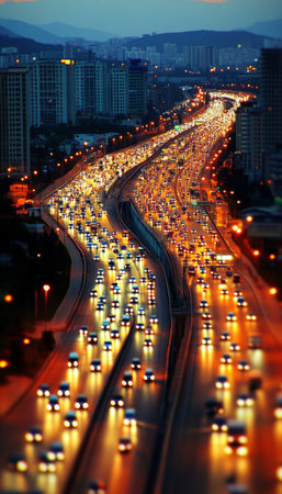 Navigating Through Urban Congestion An Elevated Highway During Evening Commute in a Bustling Cityの素材