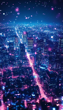 A Stunning Nighttime Cityscape with Neon Lights and a Vibrant Atmosphere, Capturing Urban Energyの素材
