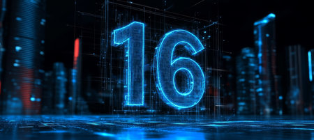 Glowing Sixteen Numeral Animation in Futuristic Abstract Night City Render with Hi-Tech Designの素材