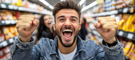 Joyful bearded man celebrating success with raised fists while shopping in a supermarket aisle.の素材