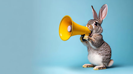 Cute Rabbit with a Megaphone Making an Announcement in a Colorful Background, Adorable Pet Bunnyの素材