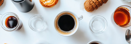 Aromatic coffee varieties surrounded by delightful treats like biscotti and scones on a table.の素材