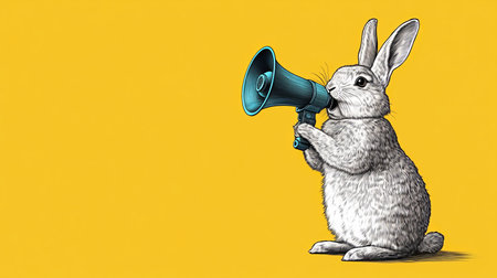 Whimsical Illustration of a Rabbit Using a Megaphone to Convey Energy and Joy in Modern Art Styleの素材