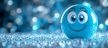 Adorable Big-Eyed Cute Emoji Expressing Various Emotions with a Playful Blue Ball Backgroundの素材