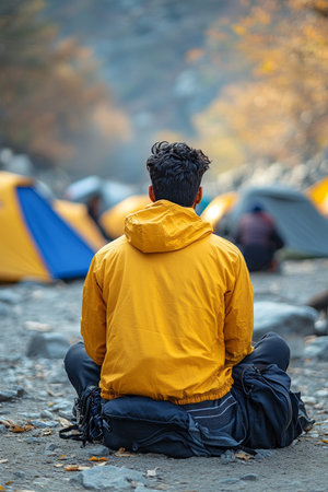 A Peaceful Morning in the Wilderness Man Camping Alone, Embracing Nature s Beauty at Sunrise.の素材