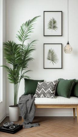 Scandinavian Interior Design Concept with Tropical Plants and Cozy Living Room Ambianceの素材