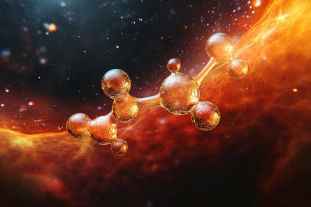 Abstract Molecular Structure Floating in Cosmic Dust with Golden Orange Lighting and Chemical Bondsの素材