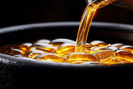 Golden Honey and Rich Molasses Dripping Luxuriously on a Shiny Surface, Evoking Sweet Indulgenceの素材