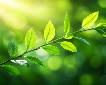 Vibrant Spring Leaves Unfolding in Sunlight, Showcasing Nature s Renewal with Soft Bokehの素材