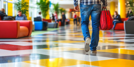 A man walking confidently in a modern office building, showcasing colorful floor design and style.の素材