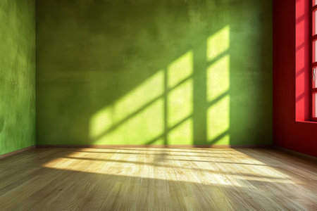 Inviting Interior Sunlight Play on Textured Green Wall in an Empty Room Enhancing Natural Eleganceの素材