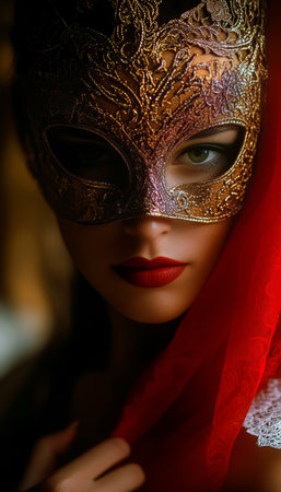 Intriguing Young Woman in Venetian Mask at a Carnival, Embodying Elegance and Mystery in Lightの素材