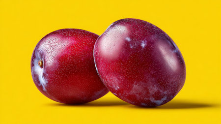 Two Ripe Plums Featuring Vibrant Purple Red Hues, Smooth Skin, Against a Bright Yellow Backgroundの素材