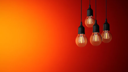 Hanging Incandescent Bulbs and Modern Lighting Fixtures, Warm Decorative Lights on Orange Backgroundの素材