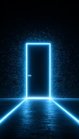Mysterious Glowing Portal A Futuristic Neon Doorway Leading to New Dimensions in a Dark Interiorの素材