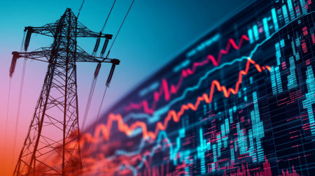 Electricity Infrastructure and Stock Market Data with Transmission Tower and Trading Chartsの素材