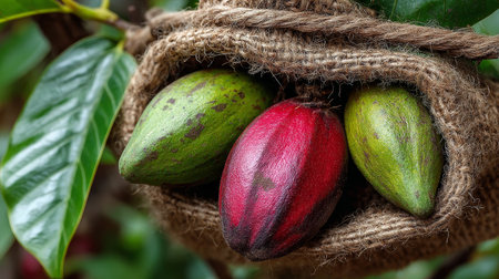 Organic cocoa pods resting in a textured sack outdoors, showcasing rich natural colors and details.の素材