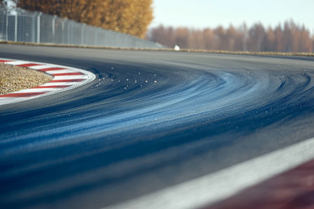 Dynamic Racing Scene at a Vibrant Racetrack, Featuring Asphalt Turns and Spectacular Landscape Viewsの素材