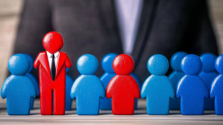 Strategic Teamwork Model Choosing Red Wooden Figures as Leaders on a Wood Surface for Collaborationの素材