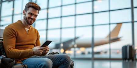 Business Traveler Using Smartphone in Airport Waiting Area with Airplane and Luggage Nearby.の素材