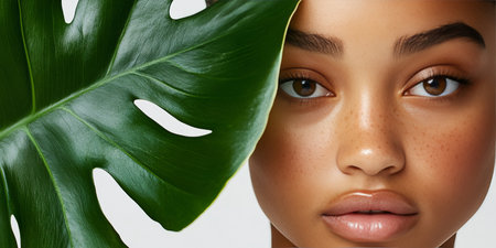 Elegant Tan Woman Portrait with Monstera Leaf, Natural Beauty, Studio Shot, Serene Expressionの素材
