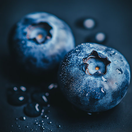 Stunning Close-Up Image of Two Fresh Blueberries Dusting with Powder Against a Bold Black Backgroundの素材