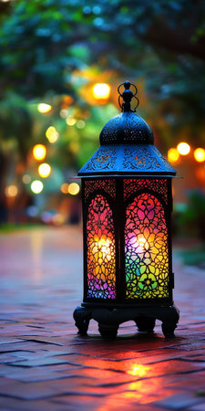 Stunning Ornamental Ramadan Night with Glowing Islamic Ornaments on Ancient Stone Surfaceの素材