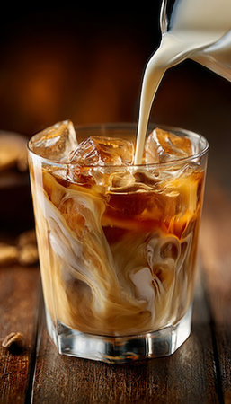 Iced Coffee Delight with Creamy Swirls and Coffee Beans on Wooden Table, Perfect Summer Refreshmentの素材