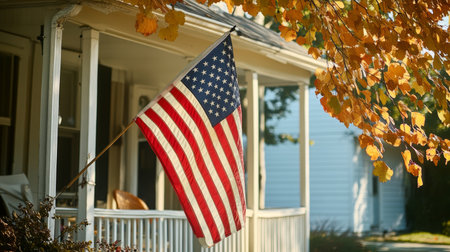 American Flag Proudly Displayed on House Porch, Symbolizing Patriotism and Love for Countryの素材