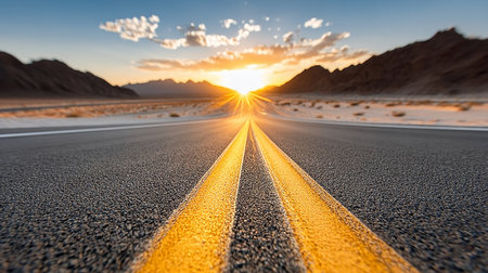Scenic Desert Highway at Sunset with Endless Asphalt Road Leading to the Distant Horizon Aheadの素材