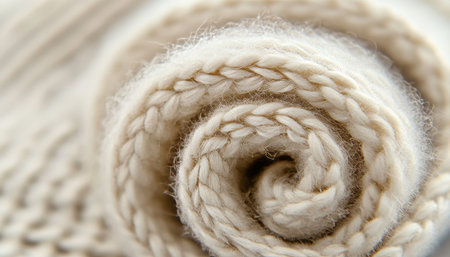Close Up View of Rolled Knitted Wool, Soft Cozy Texture with Delicate Patterns in Neutral Colorの素材