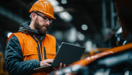 Automotive Engineer at Car Factory Inspecting Vehicle Assembly Process with Laptop and Tools in Handの素材